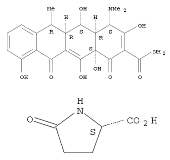 Molecular Structure of 93805-33-5 (L-Proline, 5-oxo-, compd. with [4S-(4α,4aα,5α,5aα,6α,12aα)]-4-(dimethylamino)-1,4,4a,5,5a,6,11,12a-octahydro-3,5,10,12,12a-pentahydroxy-6-methyl-1,11-dioxo-2-naphthacenecarboxamide (1:1) (9CI))